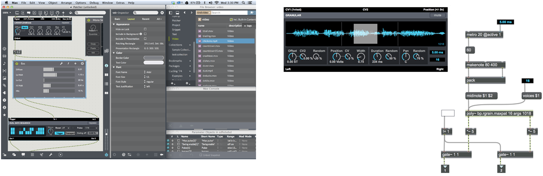 Figure 14: Exemples interface MAX7 [CYC2015], à gauche l'écran principal avec un projet, à droite un détail la ligne de temps sur le signal audio et les cordes entre les "patch"